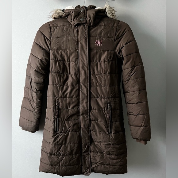 Abercrombie Kids Brown Hooded Puffer Jacket with Sherpa Lining Girls 13/14 - Picture 4 of 14